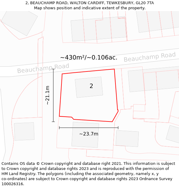 2, BEAUCHAMP ROAD, WALTON CARDIFF, TEWKESBURY, GL20 7TA: Plot and title map