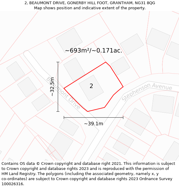 2, BEAUMONT DRIVE, GONERBY HILL FOOT, GRANTHAM, NG31 8QG: Plot and title map