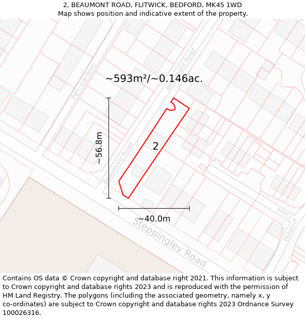 2, BEAUMONT ROAD, FLITWICK, BEDFORD, MK45 1WD: Plot and title map