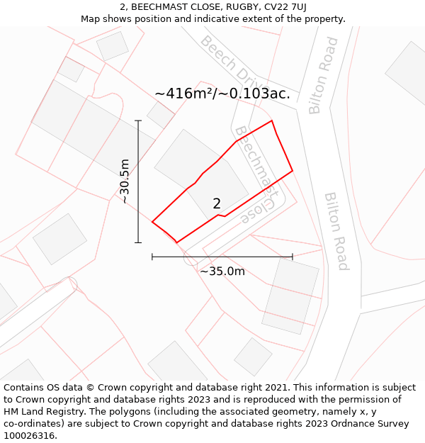 2, BEECHMAST CLOSE, RUGBY, CV22 7UJ: Plot and title map