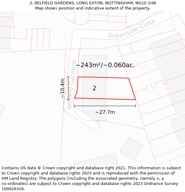 2, BELFIELD GARDENS, LONG EATON, NOTTINGHAM, NG10 1HB: Plot and title map