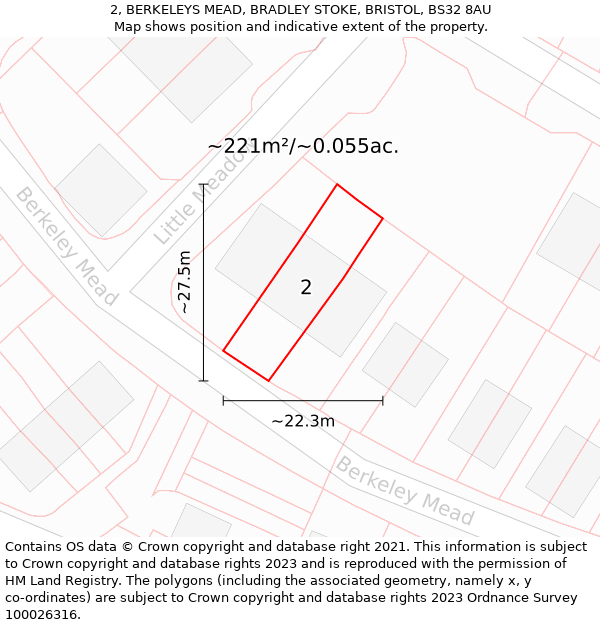 2, BERKELEYS MEAD, BRADLEY STOKE, BRISTOL, BS32 8AU: Plot and title map