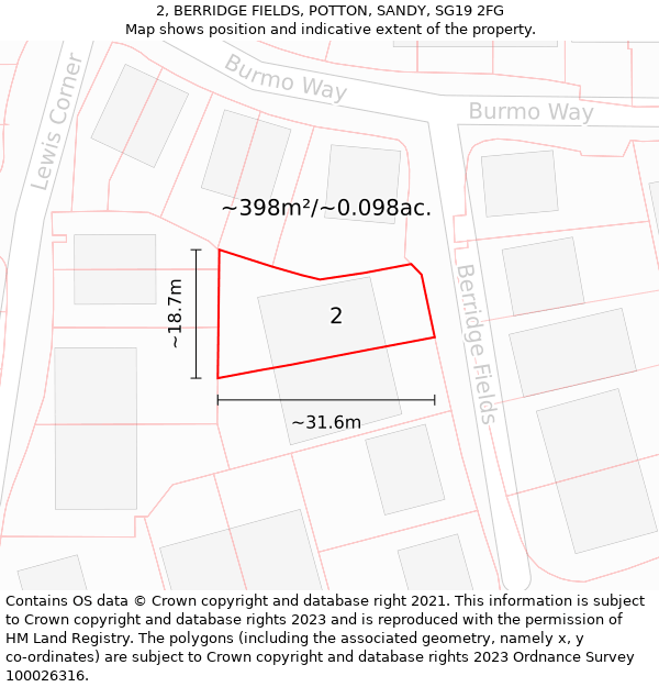 2, BERRIDGE FIELDS, POTTON, SANDY, SG19 2FG: Plot and title map