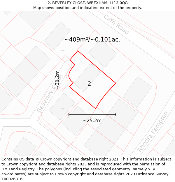 2, BEVERLEY CLOSE, WREXHAM, LL13 0QG: Plot and title map