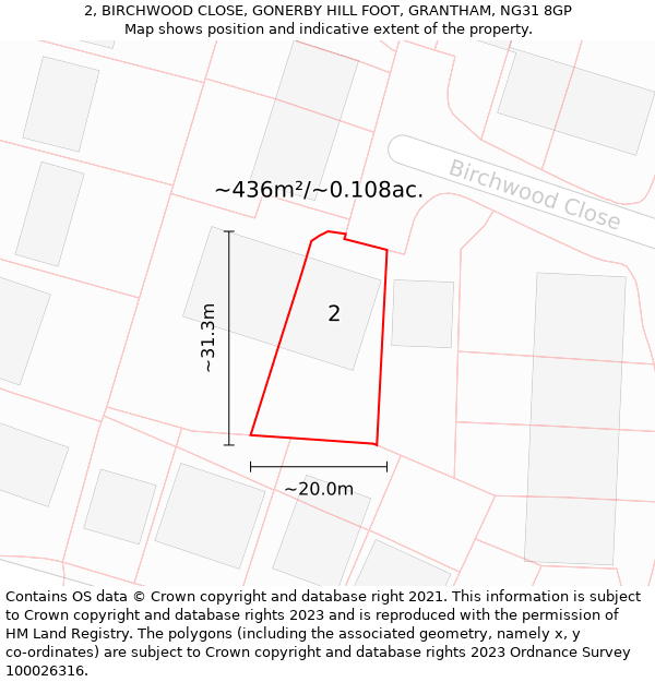 2, BIRCHWOOD CLOSE, GONERBY HILL FOOT, GRANTHAM, NG31 8GP: Plot and title map