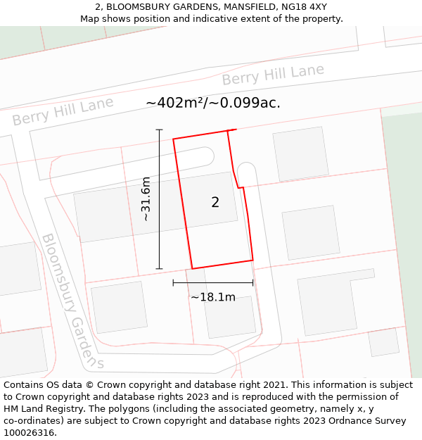 2, BLOOMSBURY GARDENS, MANSFIELD, NG18 4XY: Plot and title map