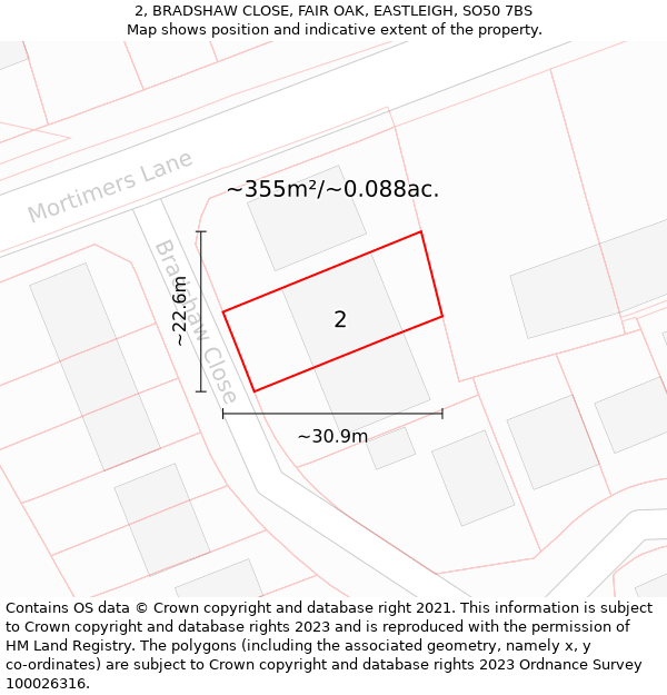 2, BRADSHAW CLOSE, FAIR OAK, EASTLEIGH, SO50 7BS: Plot and title map