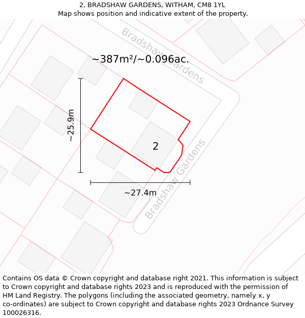 2, BRADSHAW GARDENS, WITHAM, CM8 1YL: Plot and title map