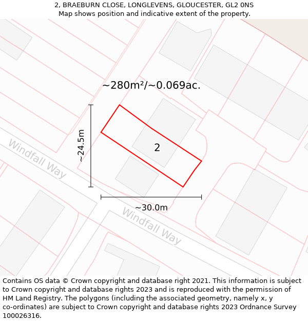 2, BRAEBURN CLOSE, LONGLEVENS, GLOUCESTER, GL2 0NS: Plot and title map