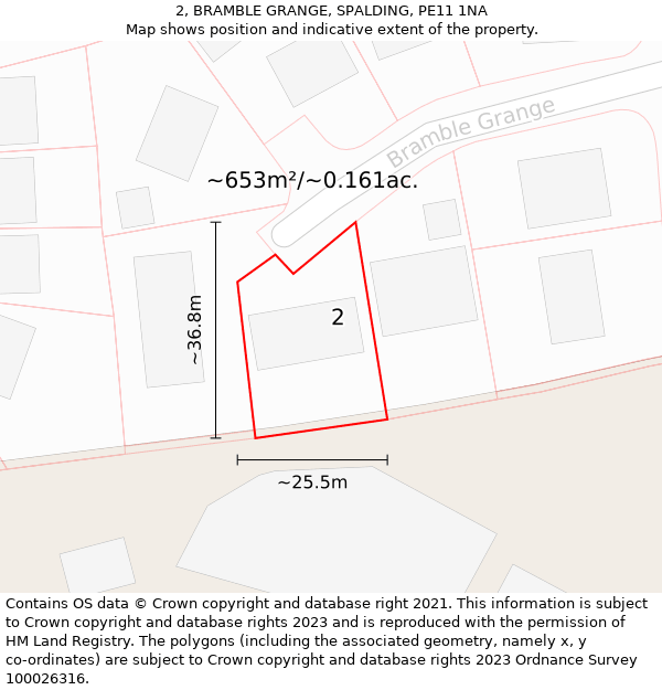 2, BRAMBLE GRANGE, SPALDING, PE11 1NA: Plot and title map