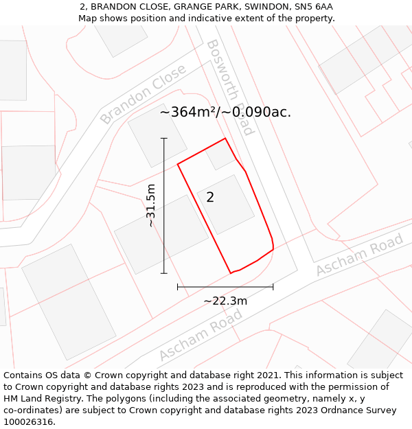 2, BRANDON CLOSE, GRANGE PARK, SWINDON, SN5 6AA: Plot and title map