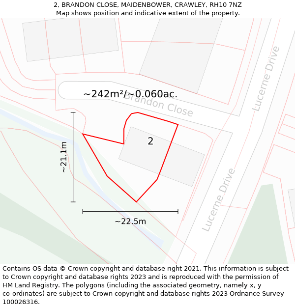 2, BRANDON CLOSE, MAIDENBOWER, CRAWLEY, RH10 7NZ: Plot and title map