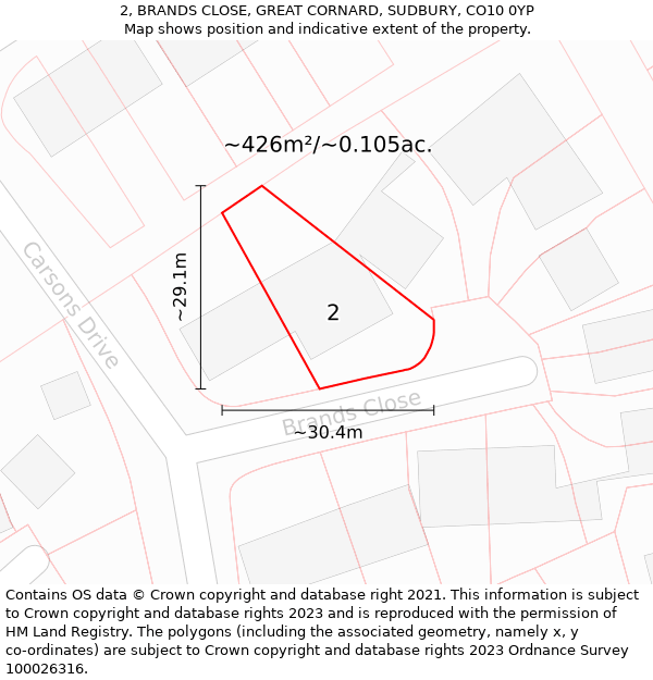 2, BRANDS CLOSE, GREAT CORNARD, SUDBURY, CO10 0YP: Plot and title map