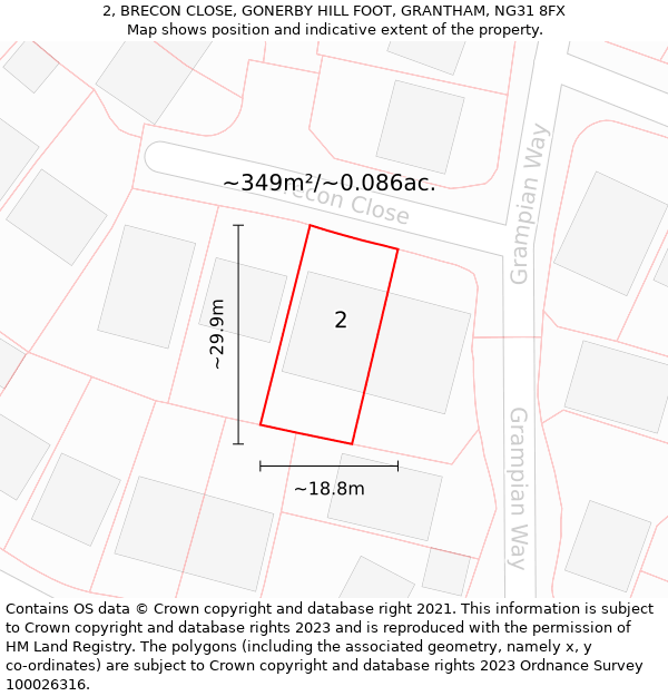 2, BRECON CLOSE, GONERBY HILL FOOT, GRANTHAM, NG31 8FX: Plot and title map