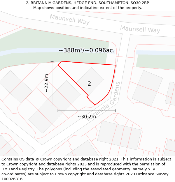 2, BRITANNIA GARDENS, HEDGE END, SOUTHAMPTON, SO30 2RP: Plot and title map