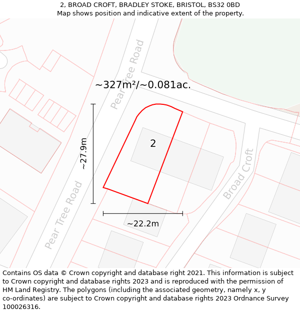 2, BROAD CROFT, BRADLEY STOKE, BRISTOL, BS32 0BD: Plot and title map