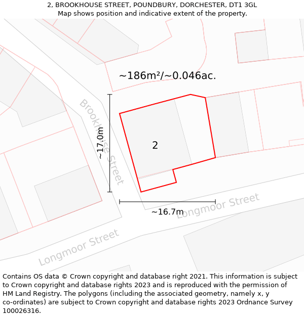 2, BROOKHOUSE STREET, POUNDBURY, DORCHESTER, DT1 3GL: Plot and title map