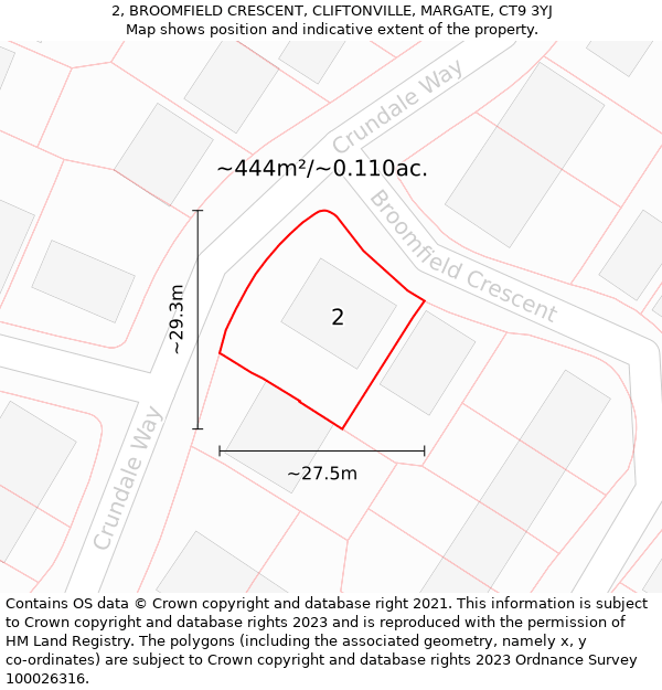 2, BROOMFIELD CRESCENT, CLIFTONVILLE, MARGATE, CT9 3YJ: Plot and title map