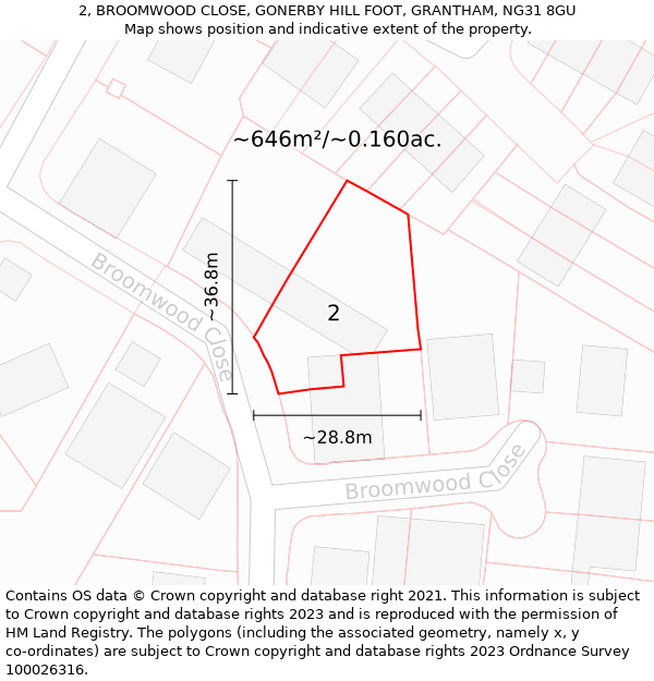 2, BROOMWOOD CLOSE, GONERBY HILL FOOT, GRANTHAM, NG31 8GU: Plot and title map