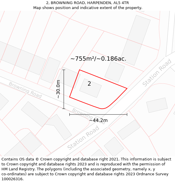 2, BROWNING ROAD, HARPENDEN, AL5 4TR: Plot and title map