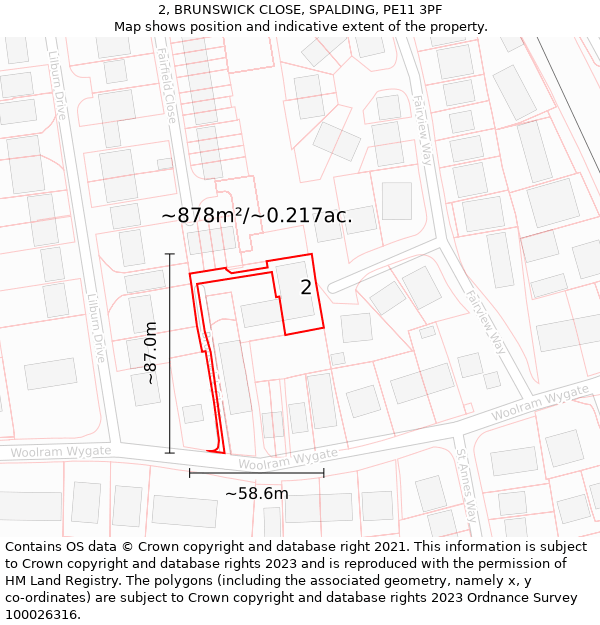 2, BRUNSWICK CLOSE, SPALDING, PE11 3PF: Plot and title map