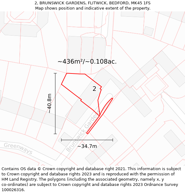 2, BRUNSWICK GARDENS, FLITWICK, BEDFORD, MK45 1FS: Plot and title map