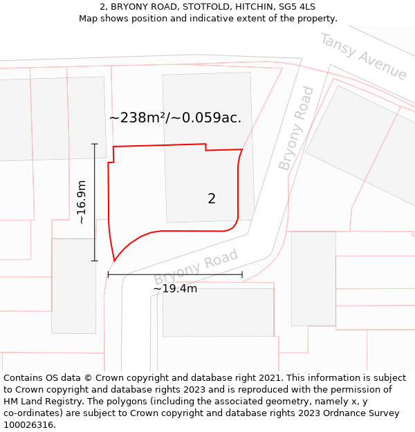 2, BRYONY ROAD, STOTFOLD, HITCHIN, SG5 4LS: Plot and title map