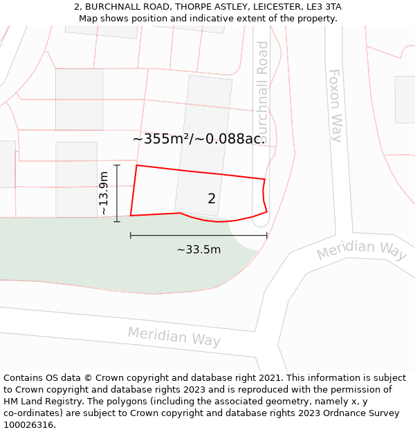 2, BURCHNALL ROAD, THORPE ASTLEY, LEICESTER, LE3 3TA: Plot and title map