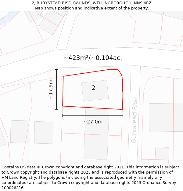 2, BURYSTEAD RISE, RAUNDS, WELLINGBOROUGH, NN9 6RZ: Plot and title map