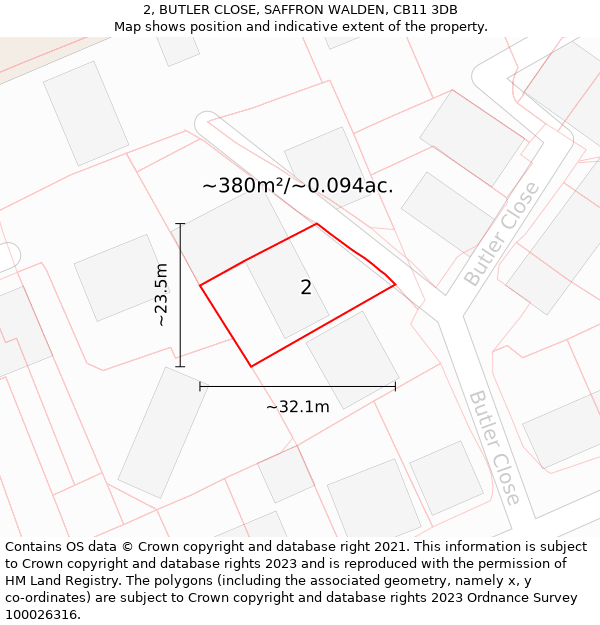 2, BUTLER CLOSE, SAFFRON WALDEN, CB11 3DB: Plot and title map