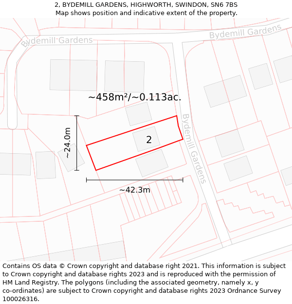 2, BYDEMILL GARDENS, HIGHWORTH, SWINDON, SN6 7BS: Plot and title map