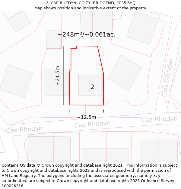 2, CAE RHEDYN, COITY, BRIDGEND, CF35 6AQ: Plot and title map