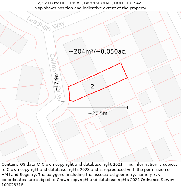 2, CALLOW HILL DRIVE, BRANSHOLME, HULL, HU7 4ZL: Plot and title map