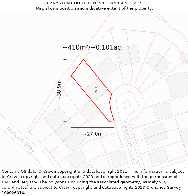 2, CANASTON COURT, PENLAN, SWANSEA, SA5 7LL: Plot and title map