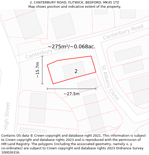 2, CANTERBURY ROAD, FLITWICK, BEDFORD, MK45 1TZ: Plot and title map