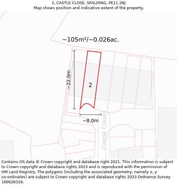 2, CASTLE CLOSE, SPALDING, PE11 2NJ: Plot and title map