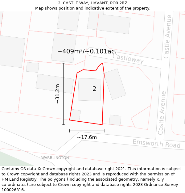 2, CASTLE WAY, HAVANT, PO9 2RZ: Plot and title map