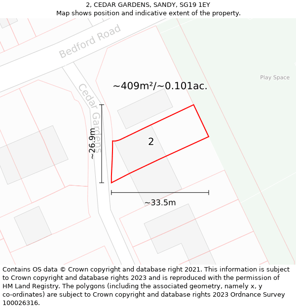 2, CEDAR GARDENS, SANDY, SG19 1EY: Plot and title map