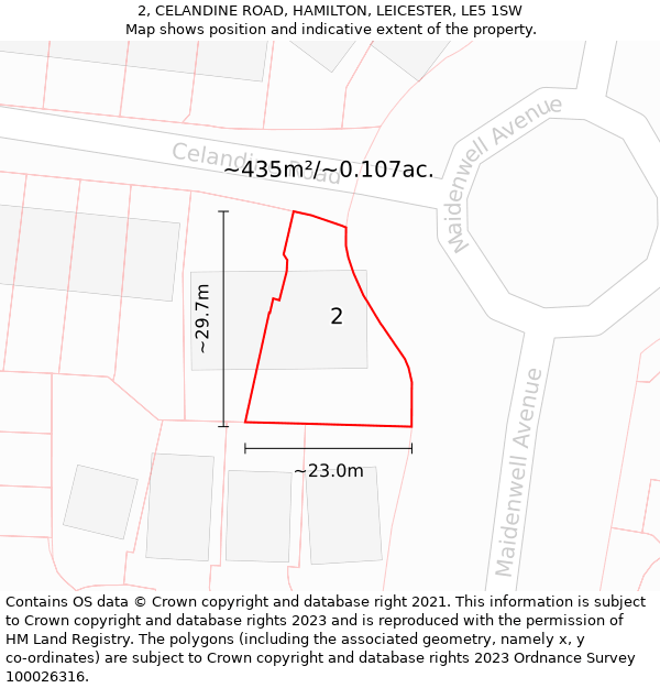 2, CELANDINE ROAD, HAMILTON, LEICESTER, LE5 1SW: Plot and title map