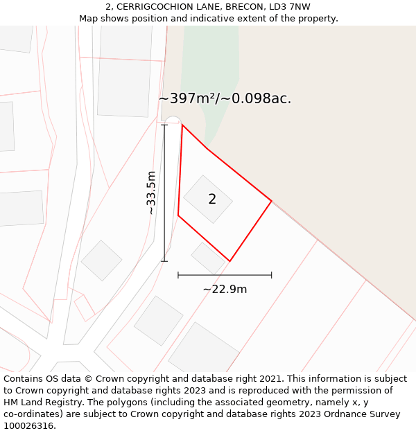 2, CERRIGCOCHION LANE, BRECON, LD3 7NW: Plot and title map