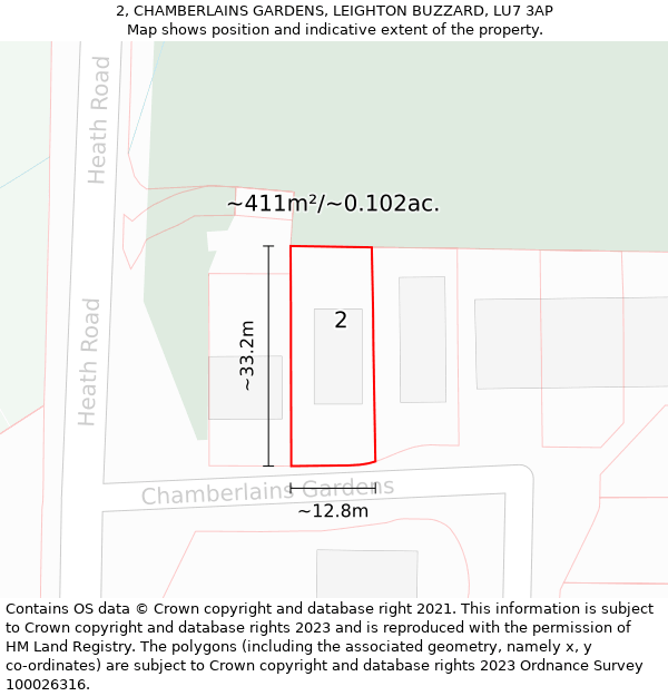 2, CHAMBERLAINS GARDENS, LEIGHTON BUZZARD, LU7 3AP: Plot and title map