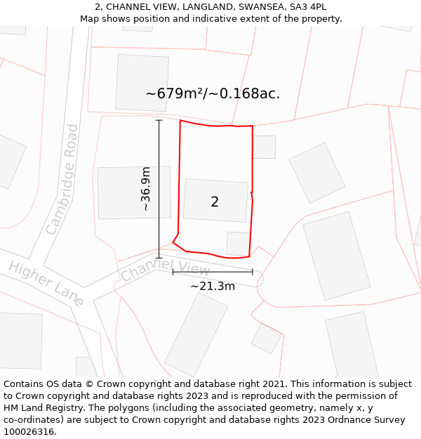 2, CHANNEL VIEW, LANGLAND, SWANSEA, SA3 4PL: Plot and title map