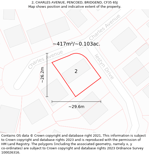 2, CHARLES AVENUE, PENCOED, BRIDGEND, CF35 6SJ: Plot and title map