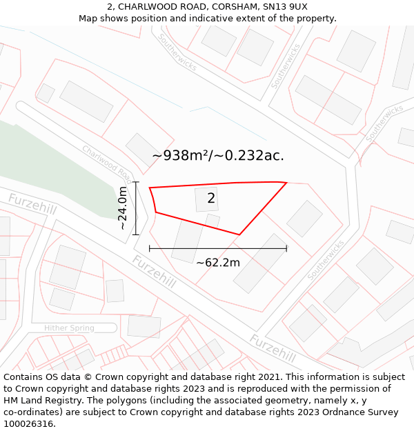 2, CHARLWOOD ROAD, CORSHAM, SN13 9UX: Plot and title map