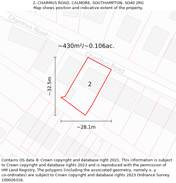 2, CHARMUS ROAD, CALMORE, SOUTHAMPTON, SO40 2RG: Plot and title map