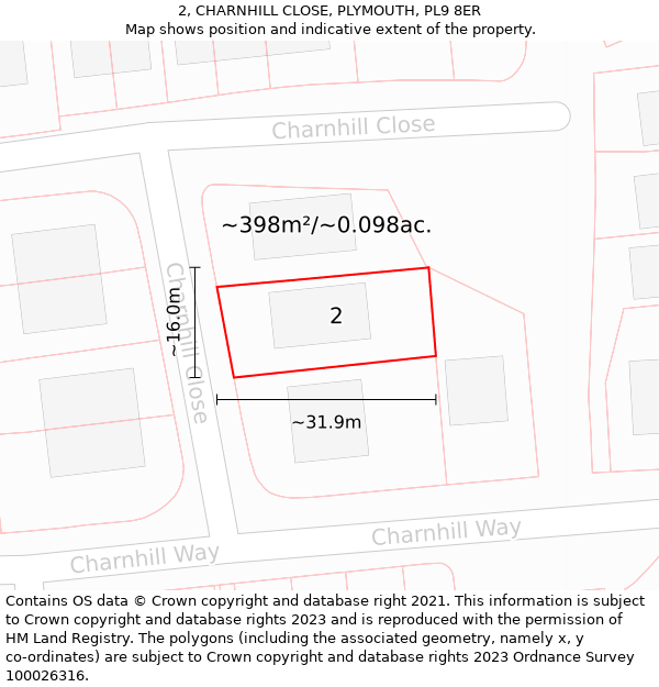 2, CHARNHILL CLOSE, PLYMOUTH, PL9 8ER: Plot and title map