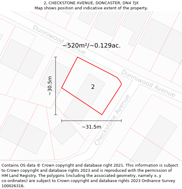 2, CHECKSTONE AVENUE, DONCASTER, DN4 7JX: Plot and title map