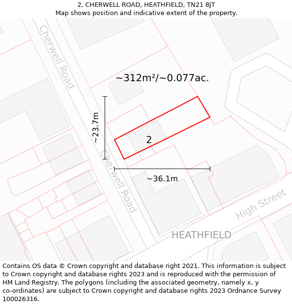 2, CHERWELL ROAD, HEATHFIELD, TN21 8JT: Plot and title map