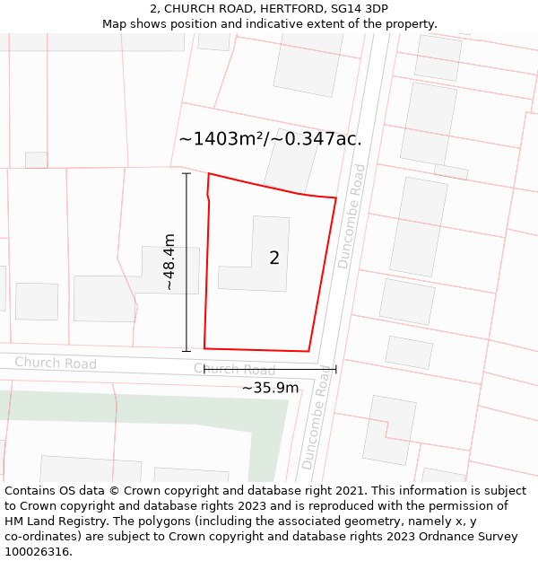 2, CHURCH ROAD, HERTFORD, SG14 3DP: Plot and title map