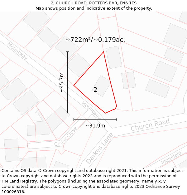 2, CHURCH ROAD, POTTERS BAR, EN6 1ES: Plot and title map